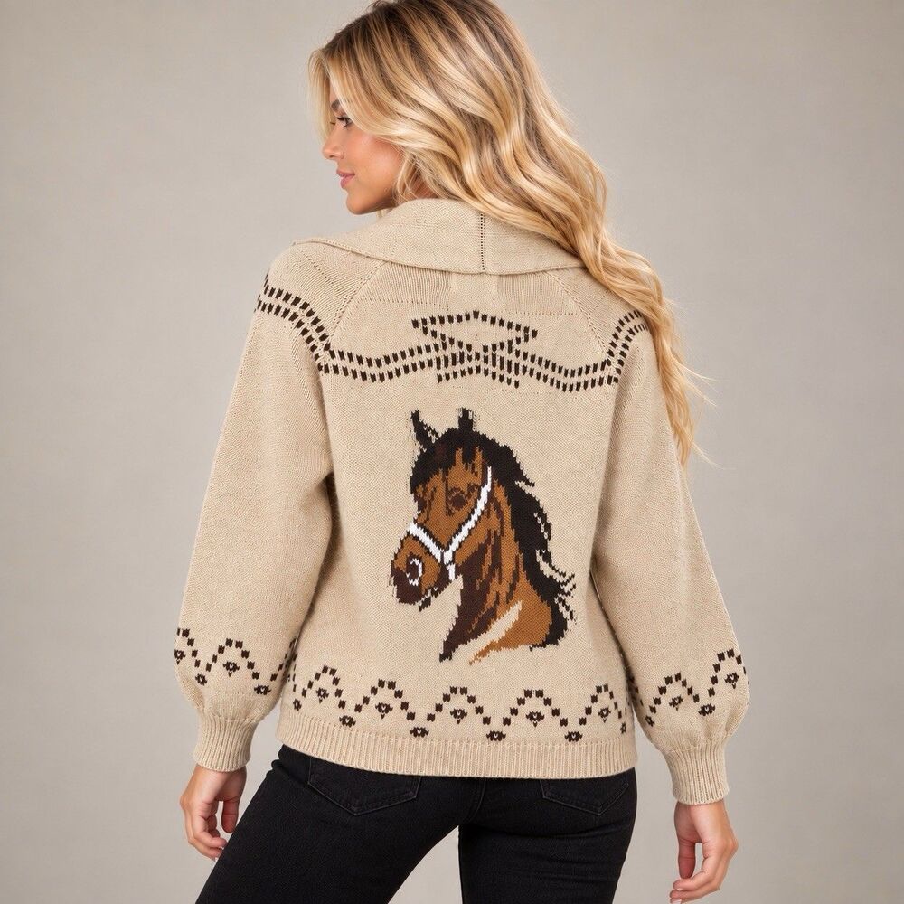 JOA Horse Cardigan Sweater Large Beige Brown Equestrian Western Cotton Knit